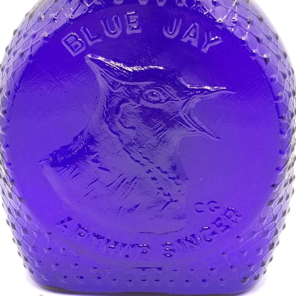 Vintage Clevenger Brothers Arthur Singer cobalt blue glass flask bottle blue jay